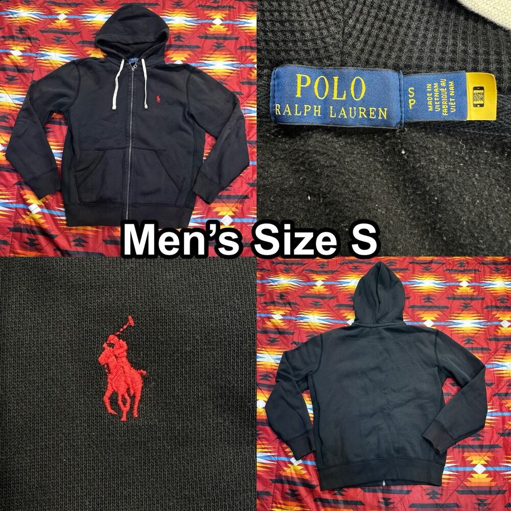 Polo Ralph Lauren Hoodie Men’s Size Small Black Full Zip Red Pony Sweater